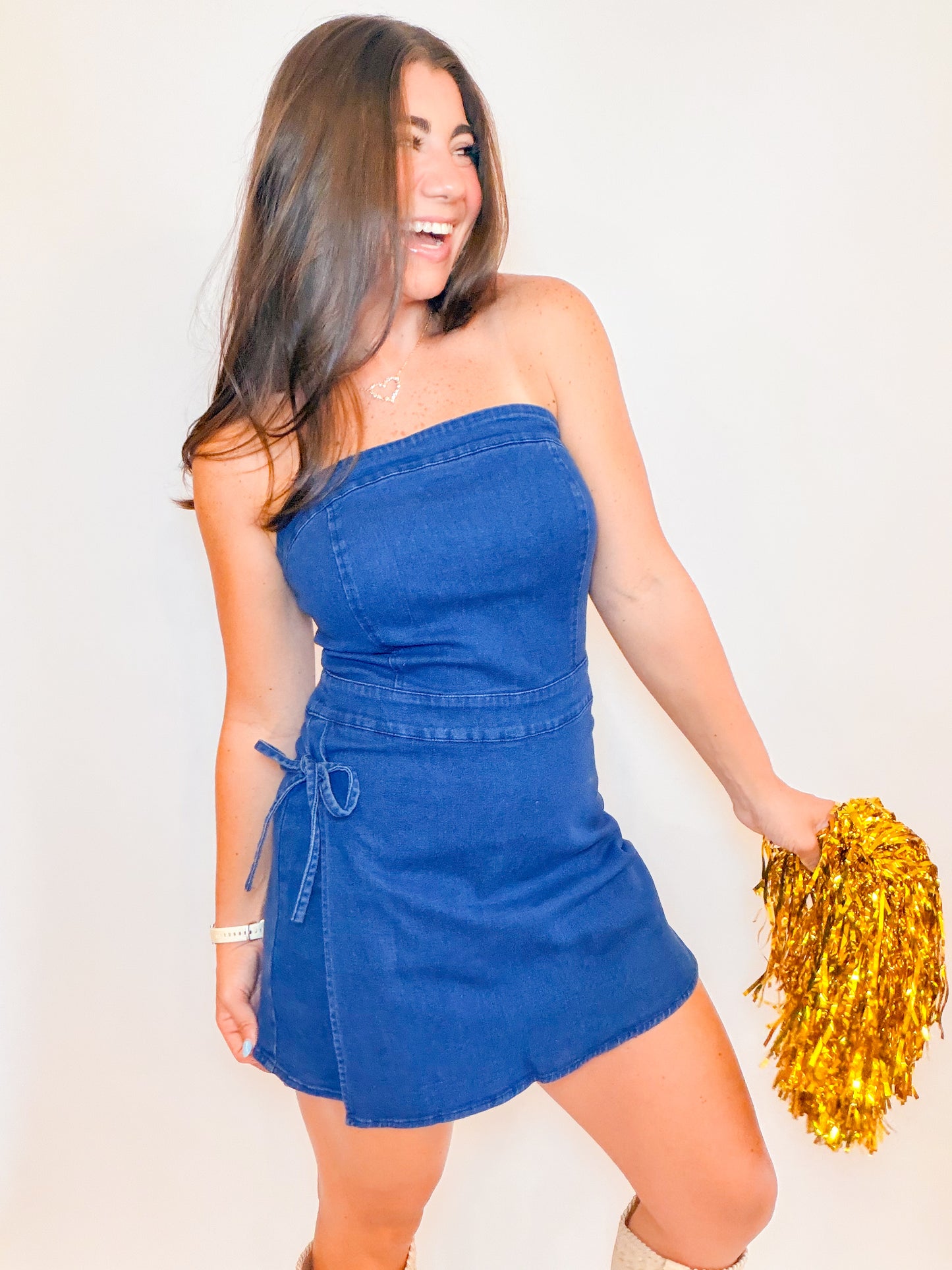 STRAPLESS DENIM WRAP SKORT ROMPER