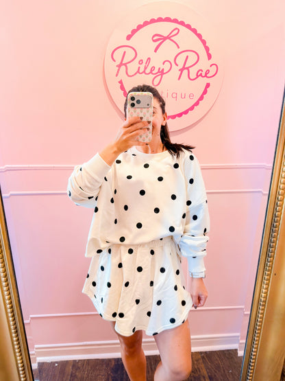 IVORY POLKA DOT LONG SLV + SKORT SET