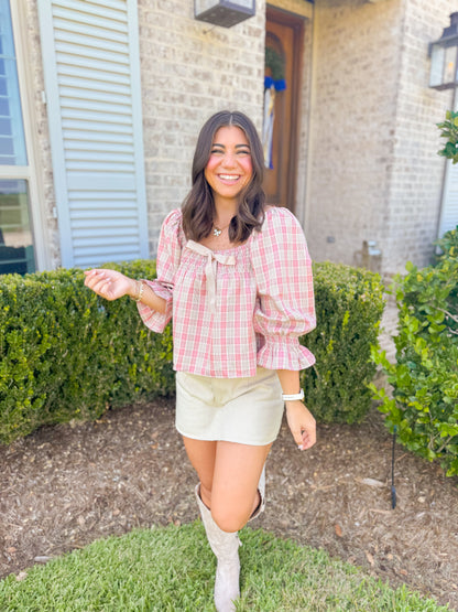 PLAID SQUARE NECK BOW DETAIL TOP