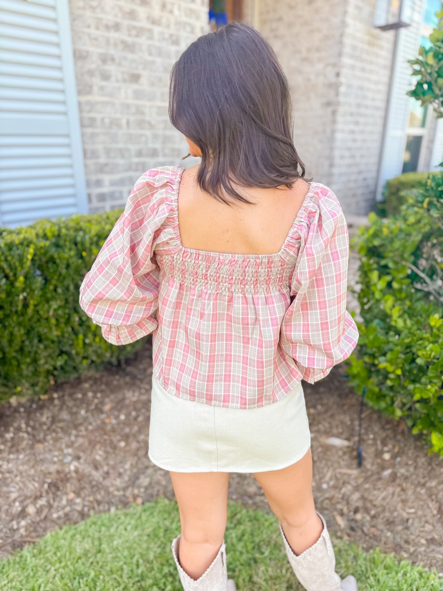 PLAID SQUARE NECK BOW DETAIL TOP