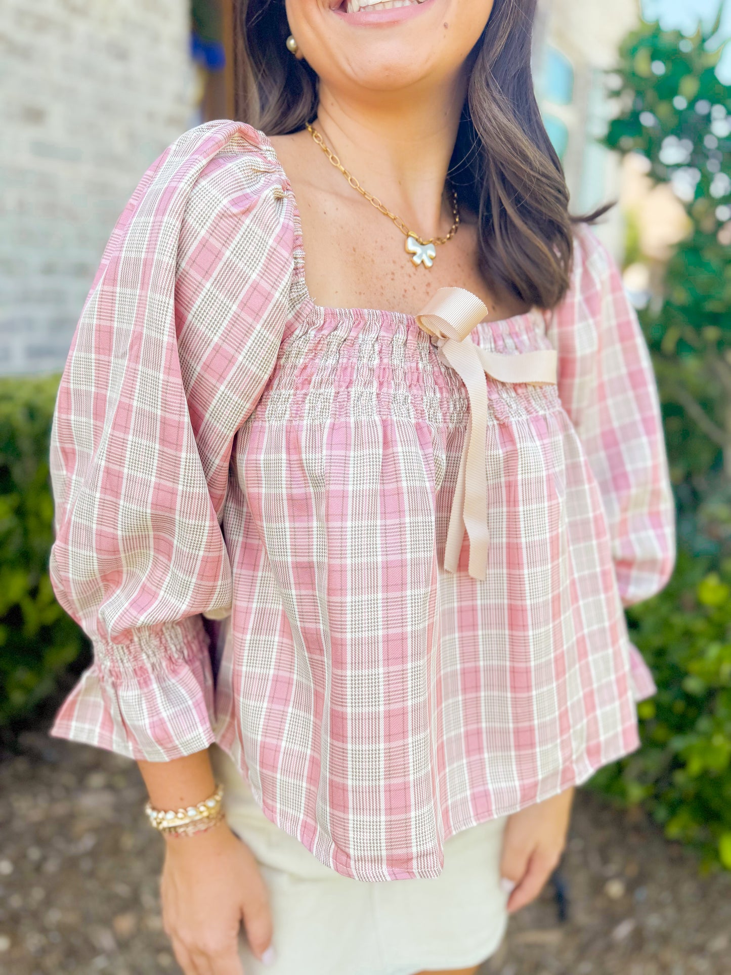 PLAID SQUARE NECK BOW DETAIL TOP
