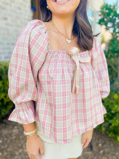 PLAID SQUARE NECK BOW DETAIL TOP