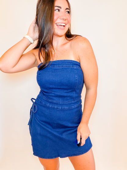 STRAPLESS DENIM WRAP SKORT ROMPER