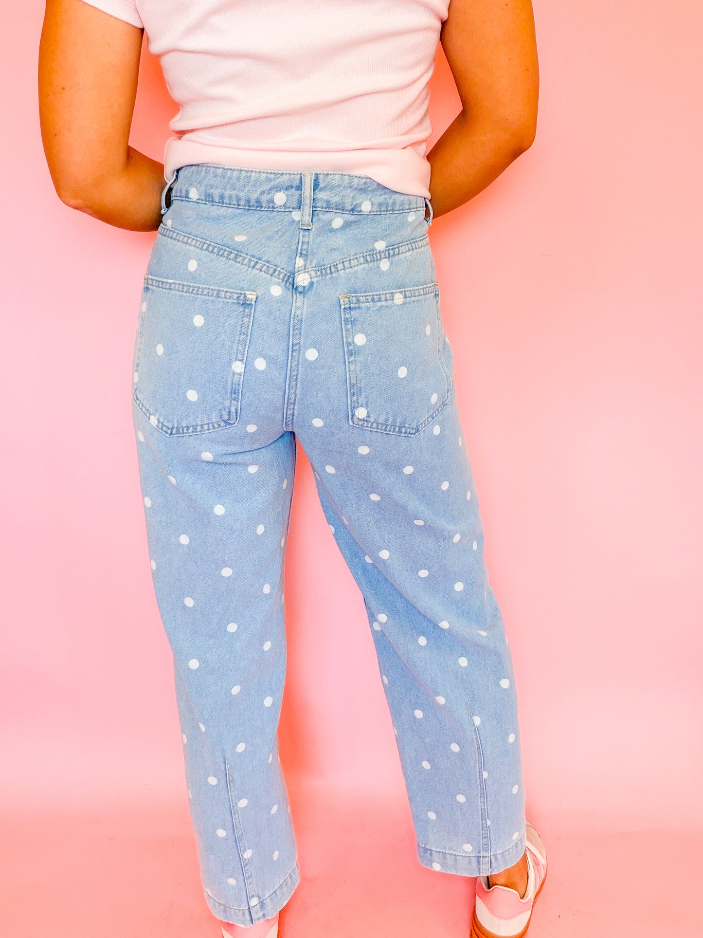 POLKA DOT PRINTED DENIM ANKLE JEANS