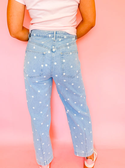 POLKA DOT PRINTED DENIM ANKLE JEANS