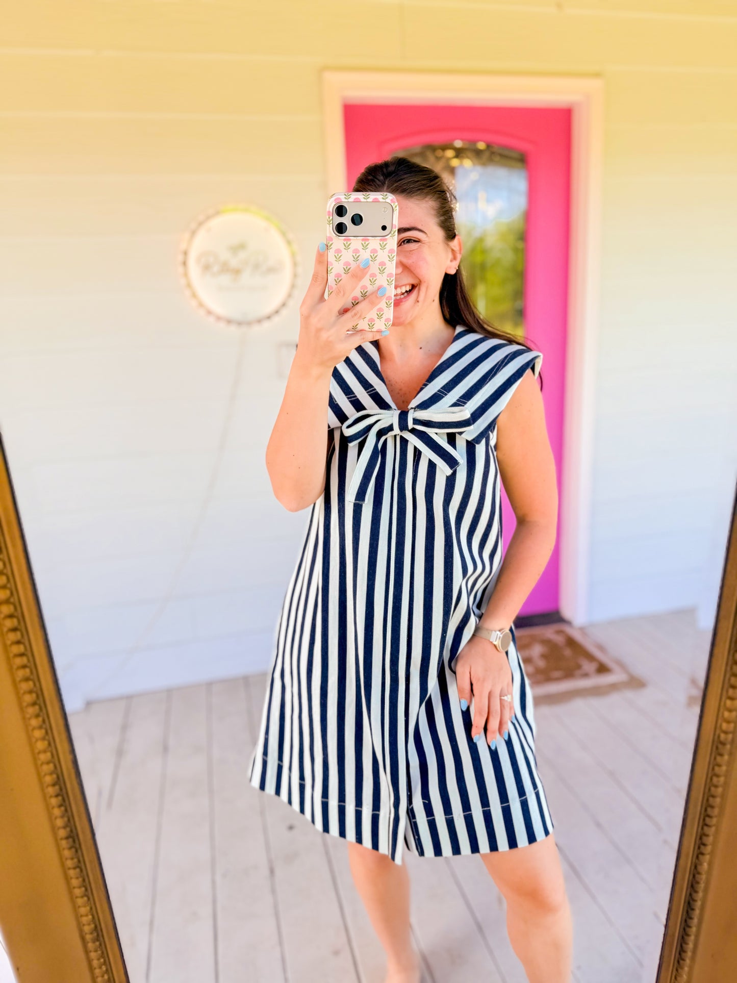 COLLAR + BOW STRIPED DENIM DRESS