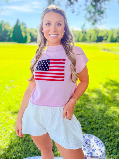 MOCK NECK USA FLAG GRAPHIC SWEATER