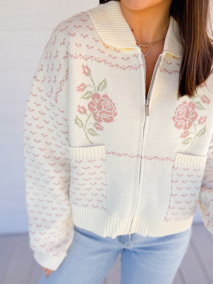 ROSE JACQUARD KNIT ZIP UP JACKET - PINK