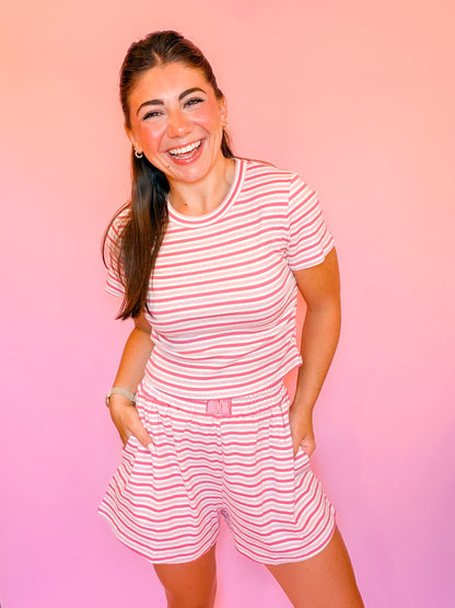 STRIPED RIBBED LOUNGE TOP + SHORTS SET - PINK/ROSE