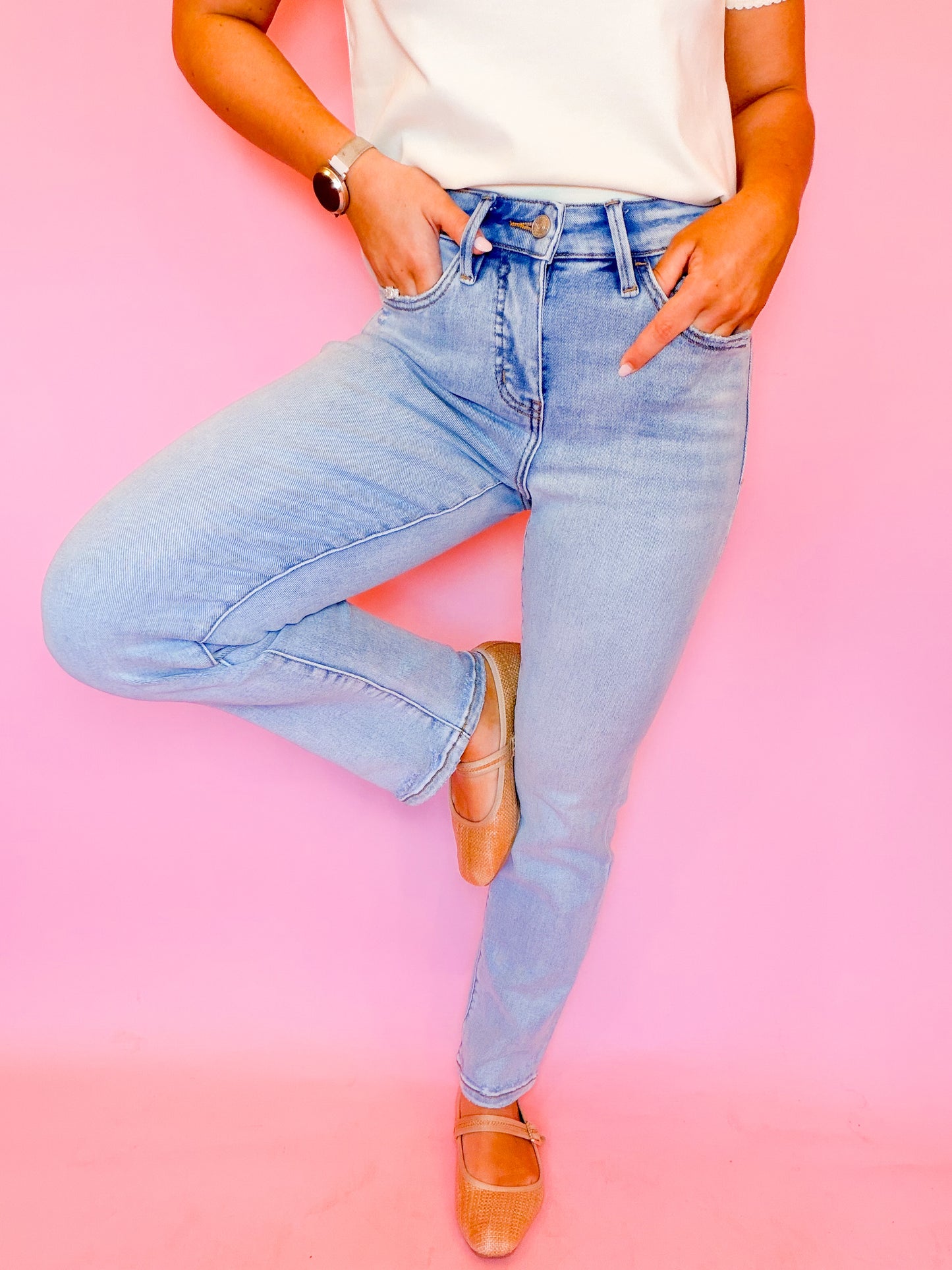TUMMY CONTROL HIGH RISE CROP SLIM STRAIGHT DENIM