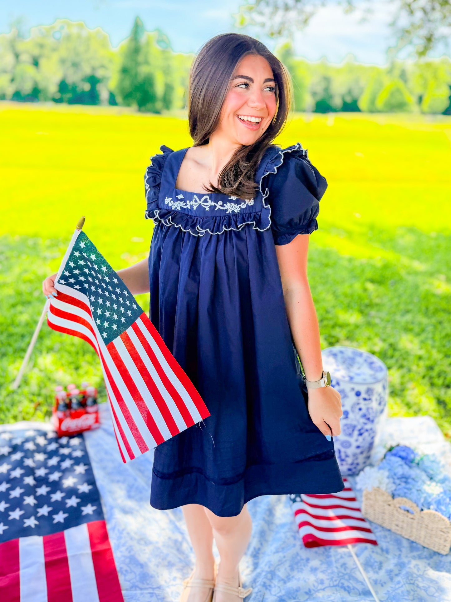 EMBROIDERED PUFF SLV MINI DRESS