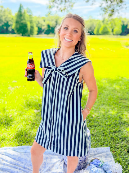 COLLAR + BOW STRIPED DENIM DRESS