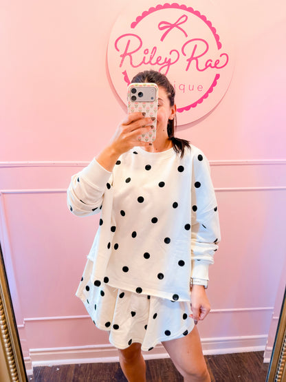 IVORY POLKA DOT LONG SLV + SKORT SET