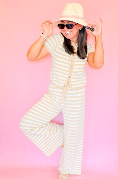 STRIPED BUTTON FRONT S/SLV TOP & KNIT PANTS