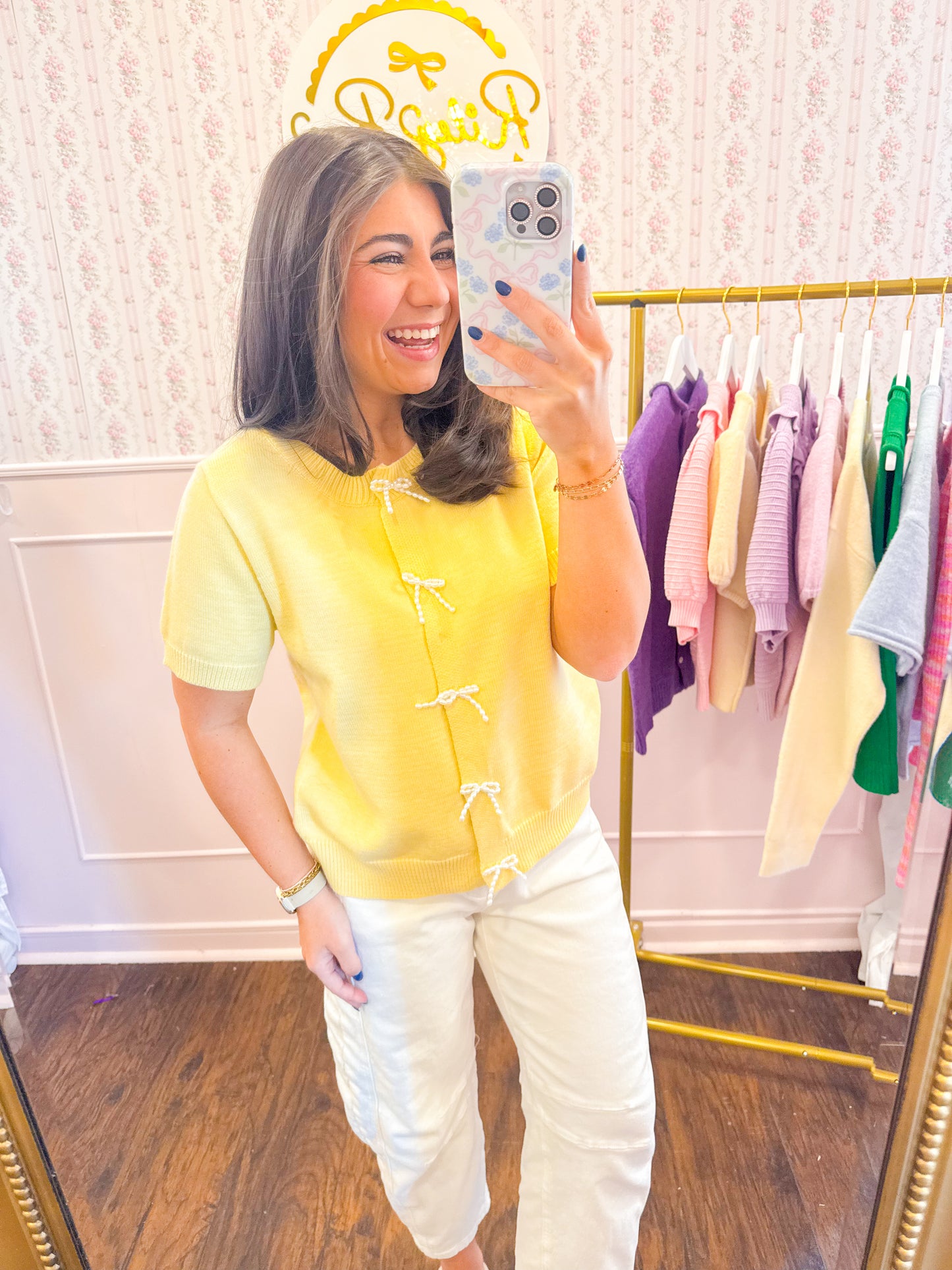 PEARL BOW SHORT SLV SWEATER