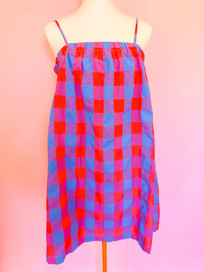 PLAID CAMI MINI DRESS - CHERRY/BLUE