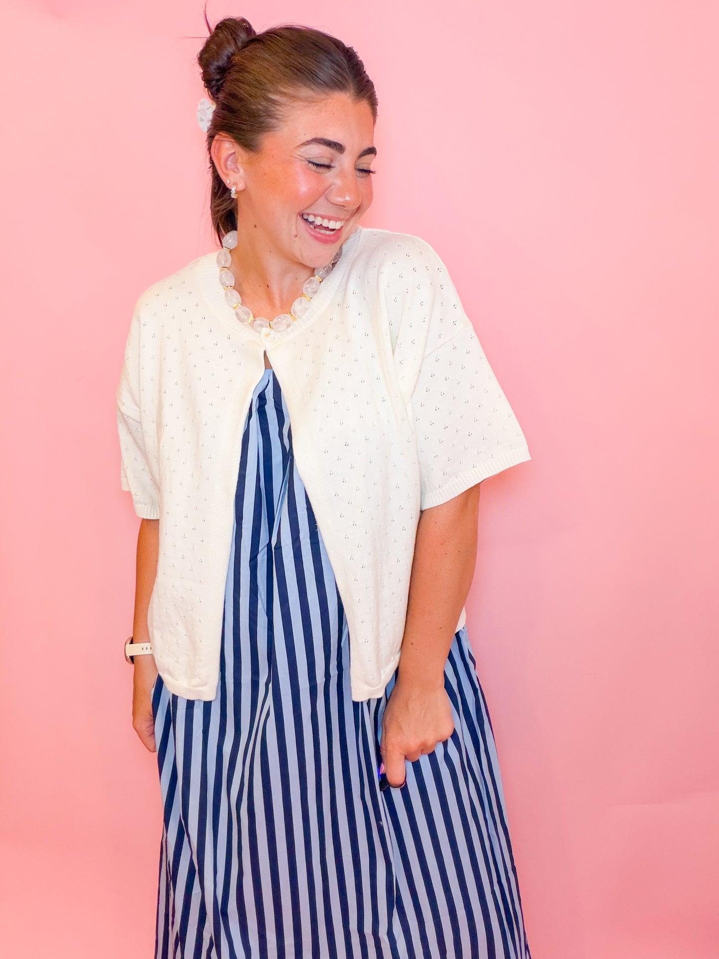 POINTELLE SINGLE BUTTON CARDIGAN - IVORY