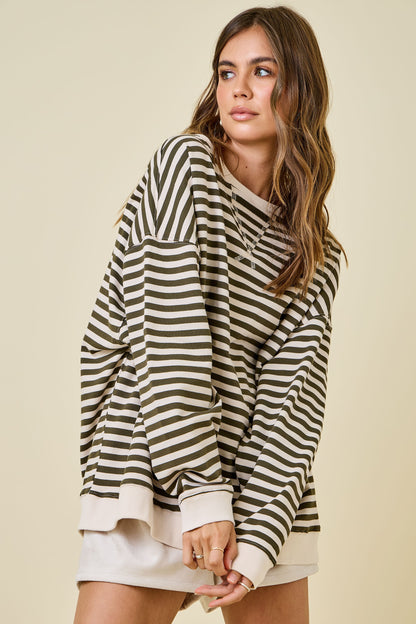 MOCK NECK STRIPED TERRY SWEATSHIRT
