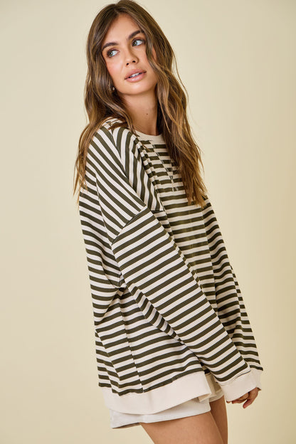 MOCK NECK STRIPED TERRY SWEATSHIRT