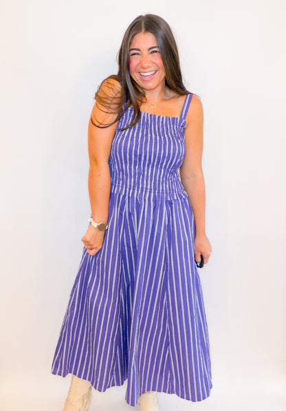 STRIPED MIDI DRESS WITH SMOCKED BODICE