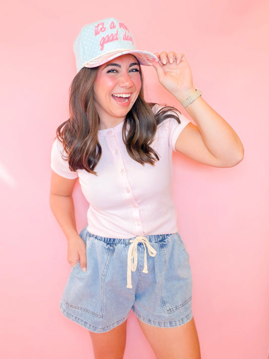 RIBBED KNIT BUTTON UP TEE - SOFT PINK