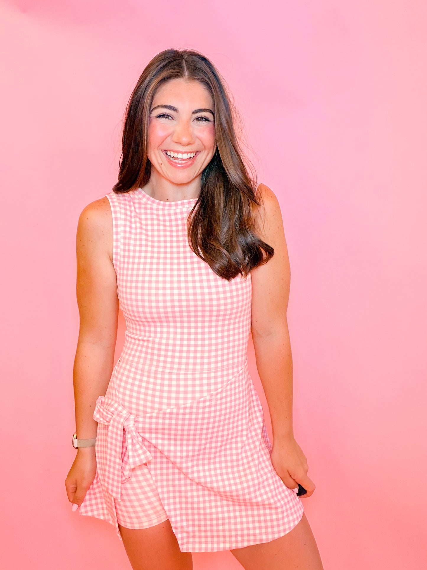 SLEEVELESS WRAP TIE ATHLETIC DRESS - PINK GINGHAM