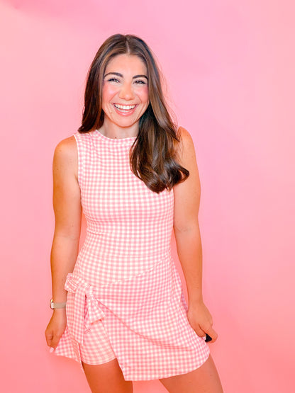SLEEVELESS WRAP TIE ATHLETIC DRESS - PINK GINGHAM