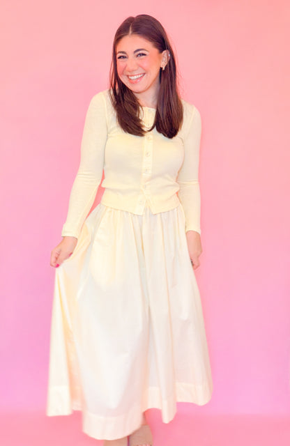 POPLIN ELASTIC WAIST MIDI SKIRT - BUTTER