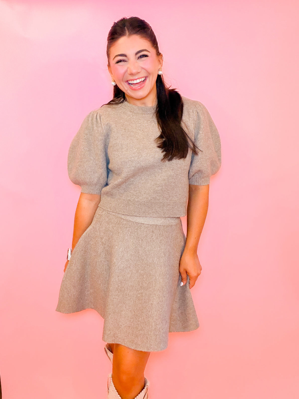 PUFF SLEEVE KNIT TOP + MINI SKIRT SET