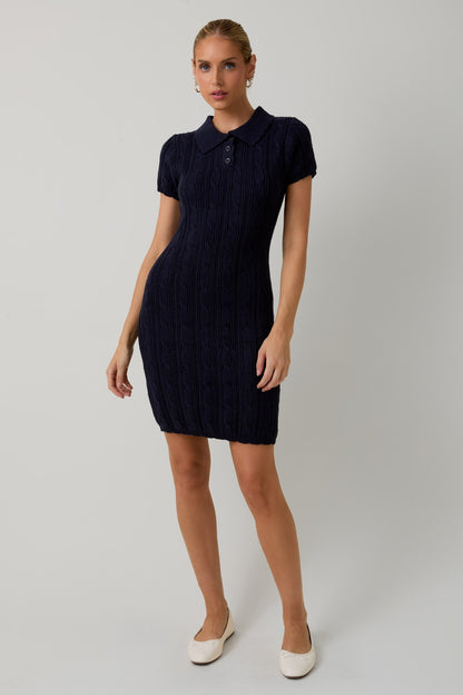 COLLAR SCALLOP CABLE KNIT MIDI DRESS