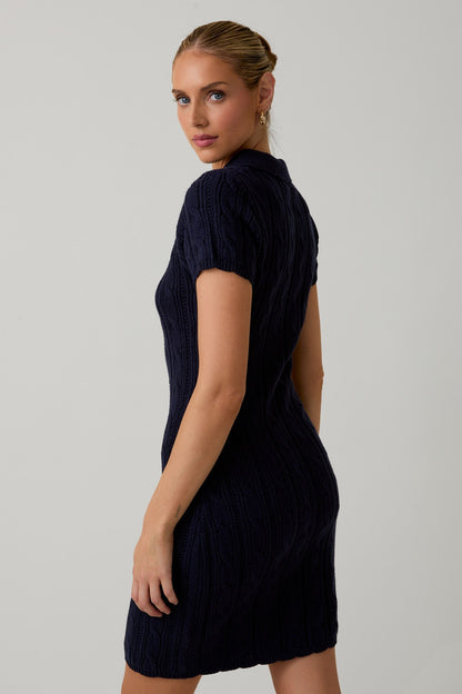 COLLAR SCALLOP CABLE KNIT MIDI DRESS