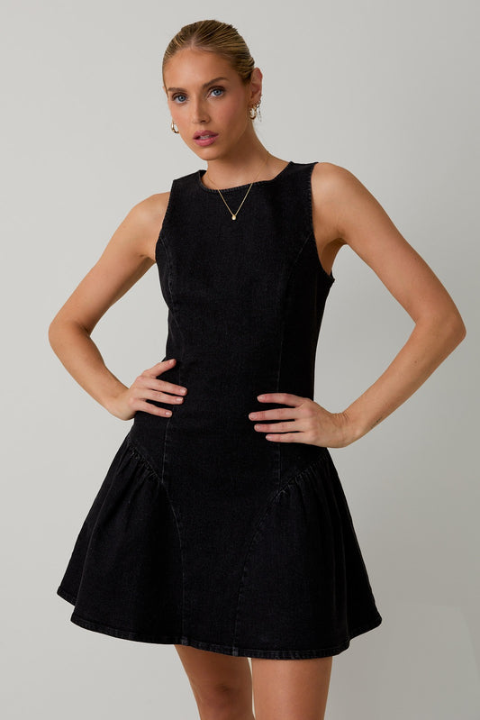 LOW WAIST BLACK DENIM MINI DRESS