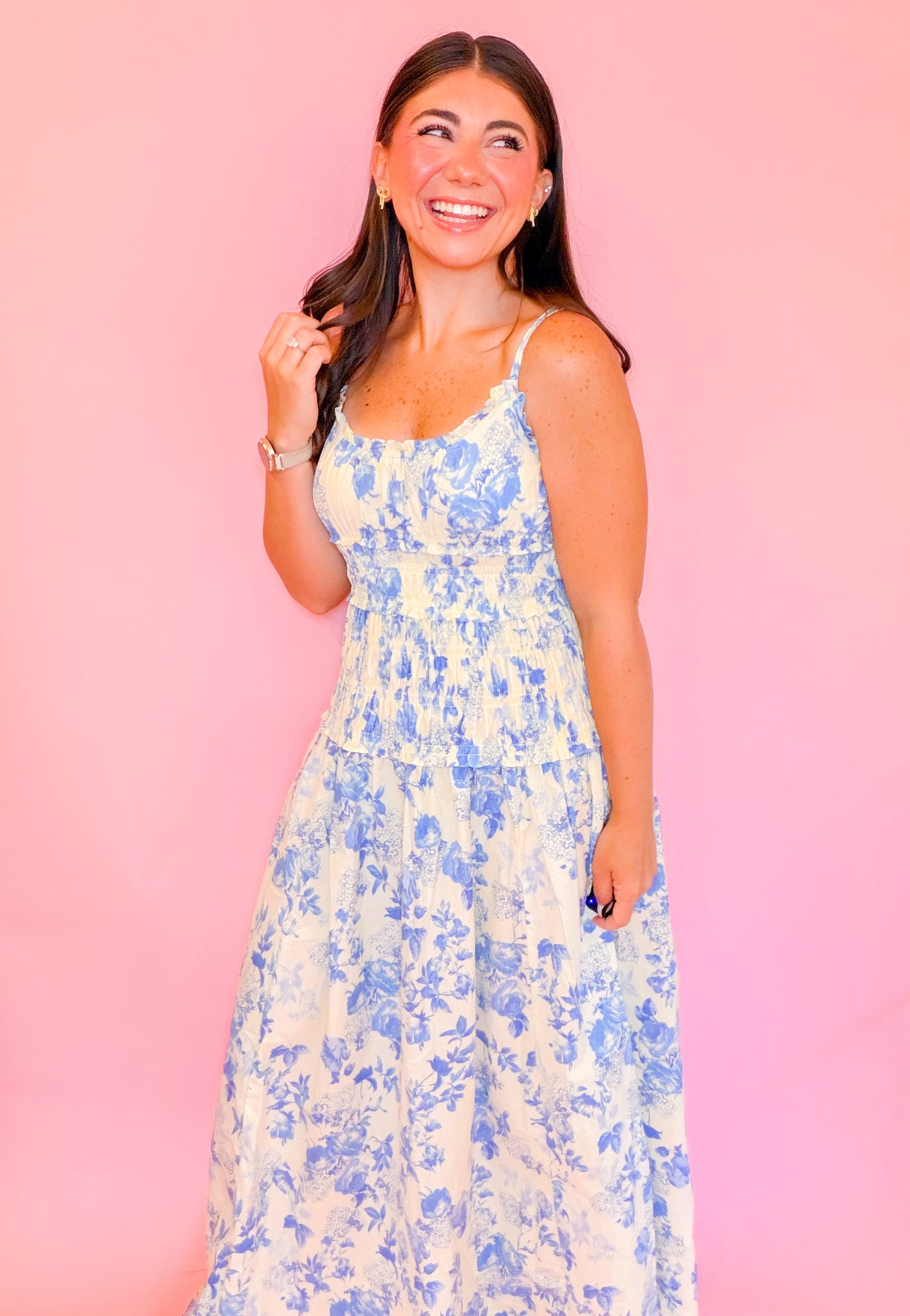 SMOCKED WAIST MIDI DRESS - BUTTER/BLUE