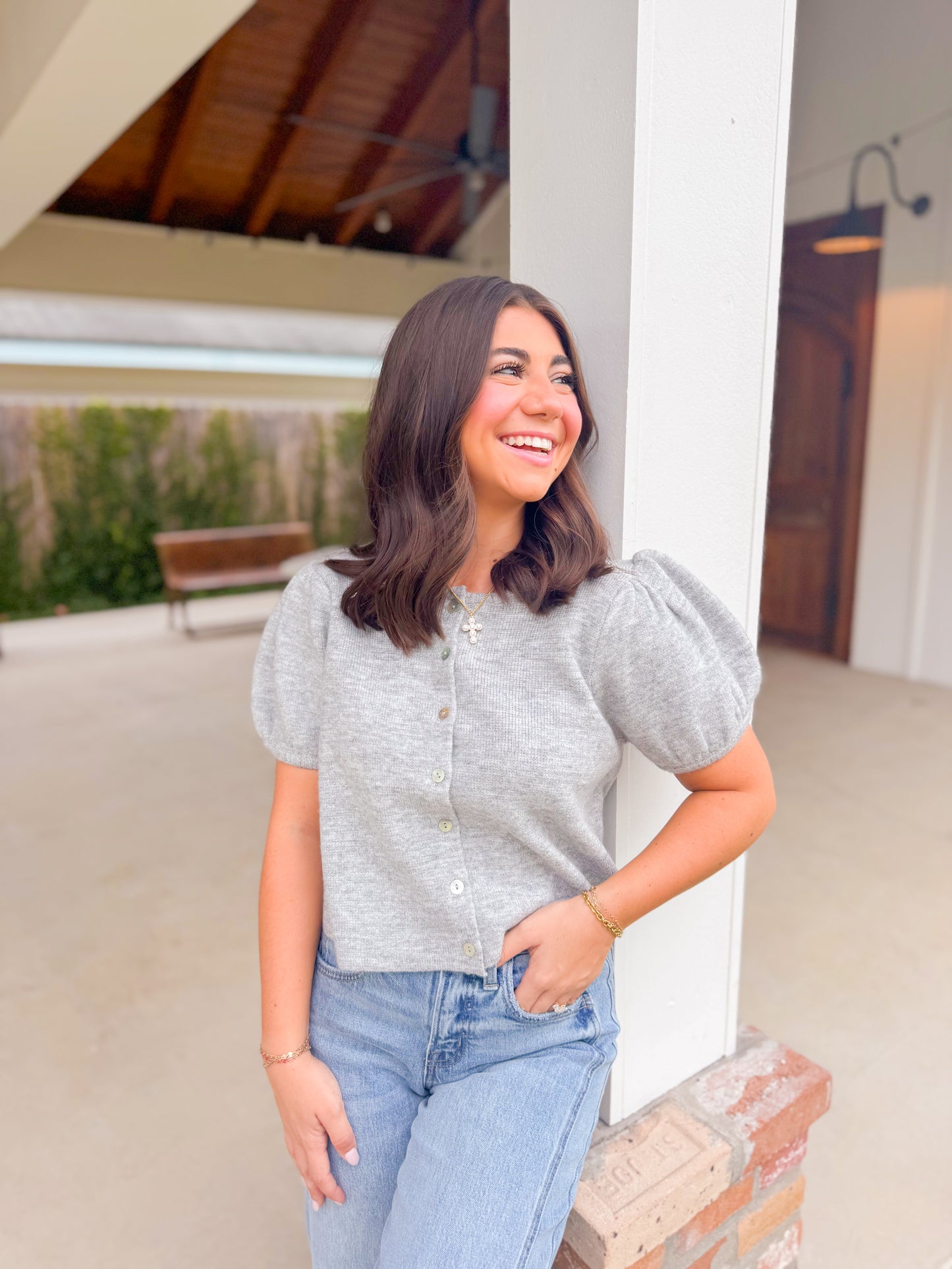 PUFF SLEEVE CREW NECK KNIT TOP