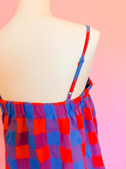 PLAID CAMI MINI DRESS - CHERRY/BLUE