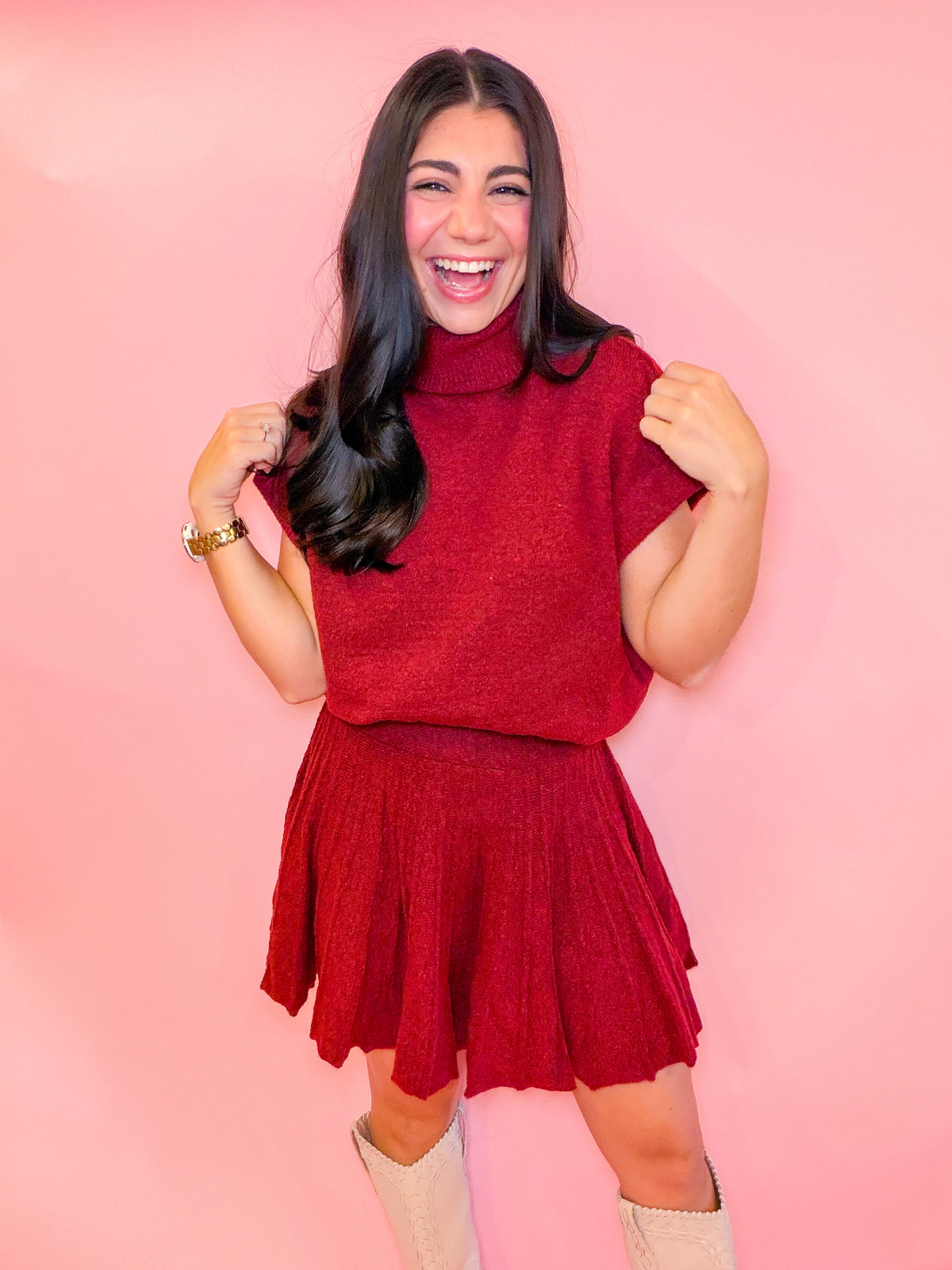 TURTLENECK TOP + PLEATED SKIRT SET - DARK RED