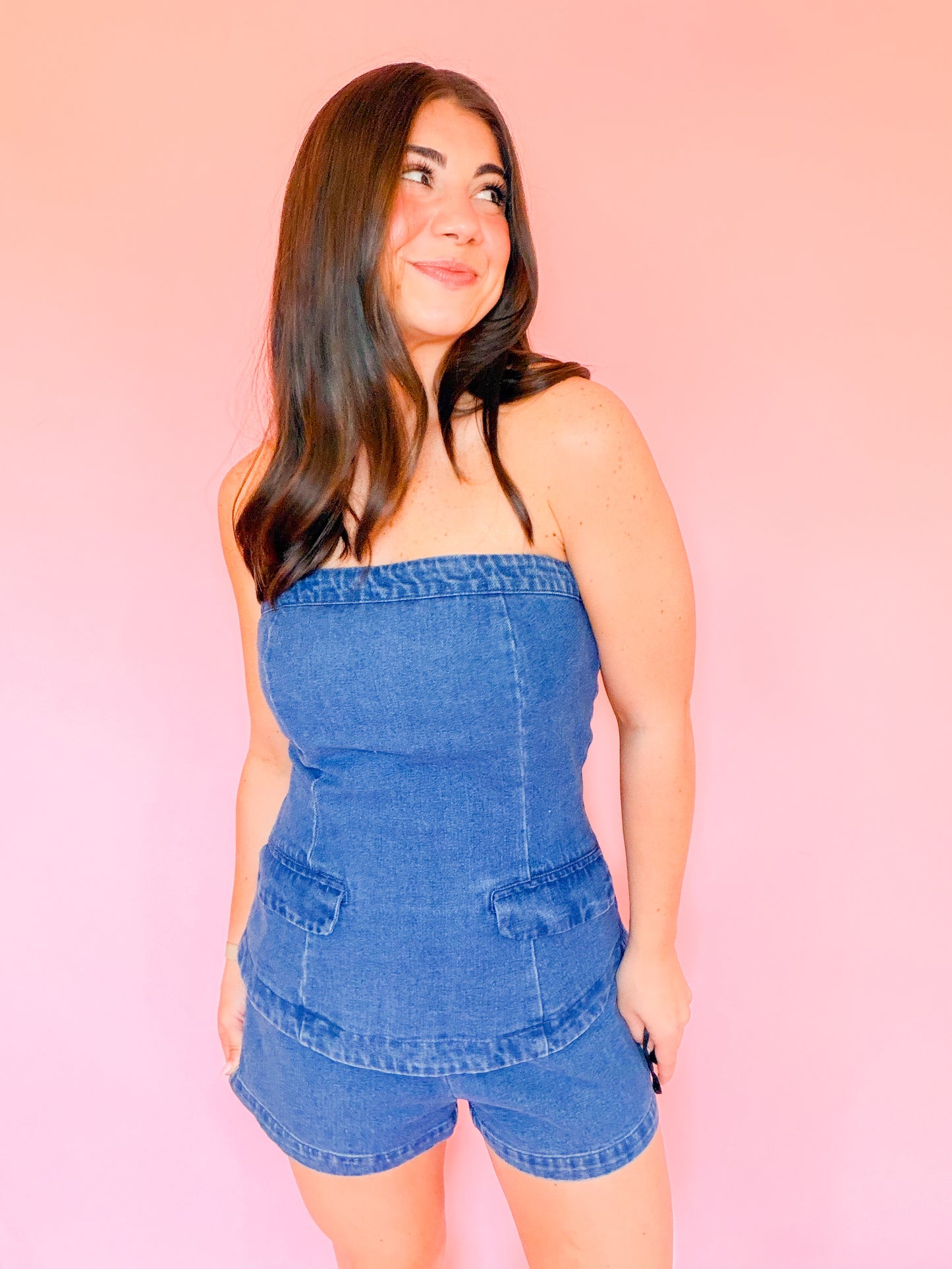 STRAPLESS 2FER DENIM ROMPER