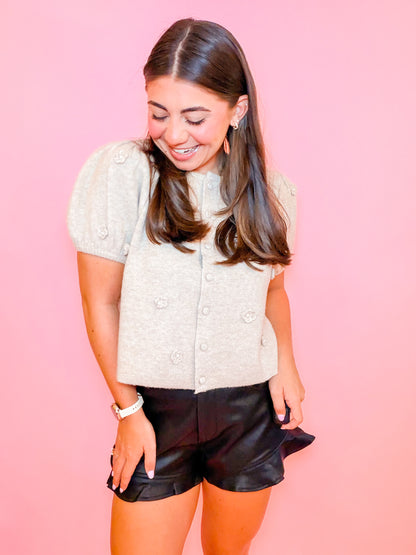 3D FLORAL PUFF SLEEVE KNIT TOP - TAUPE