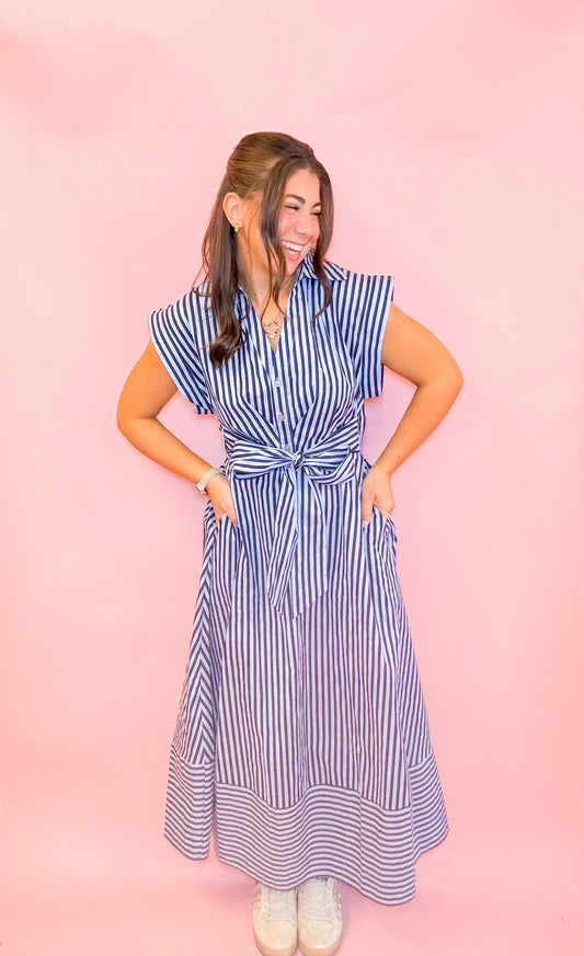 STRIPED WAIST TIE MIDI DRESS