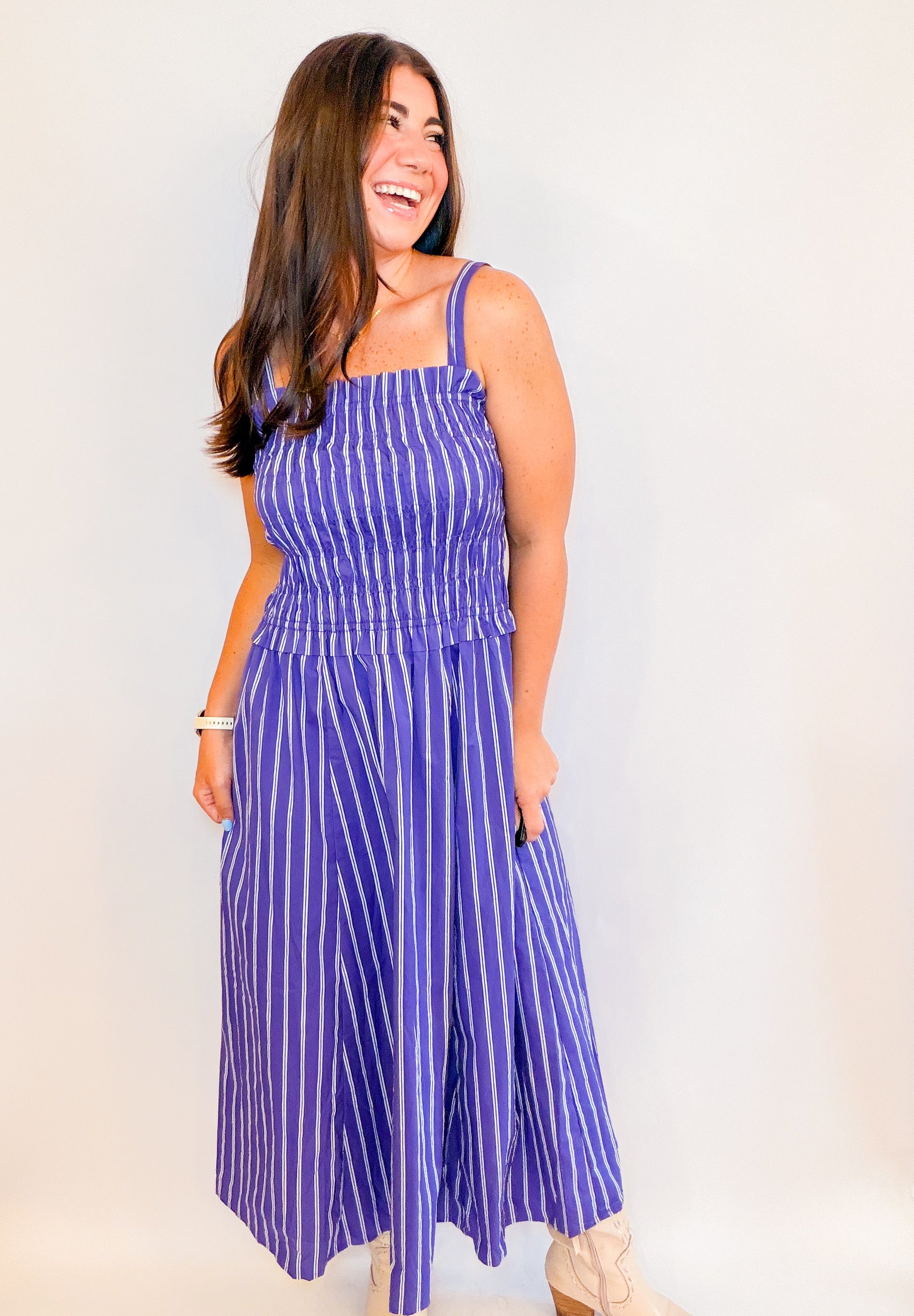 STRIPED MIDI DRESS WITH SMOCKED BODICE – Riley Rae Boutique