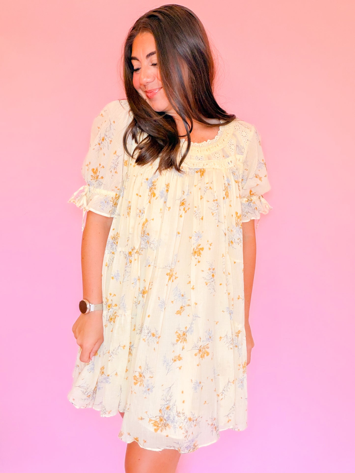 CROCHET FLORAL TIERED DRESS - BUTTER