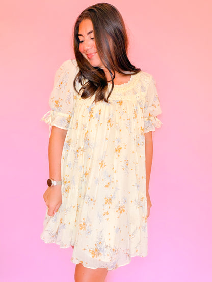 CROCHET FLORAL TIERED DRESS - BUTTER