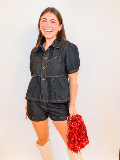 PETER PAN PUFF SLV TOP + DENIM SHORTS SET