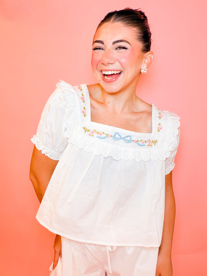 EMBROIDERED SQUARE NECK TOP & SHORT SET - WHITE