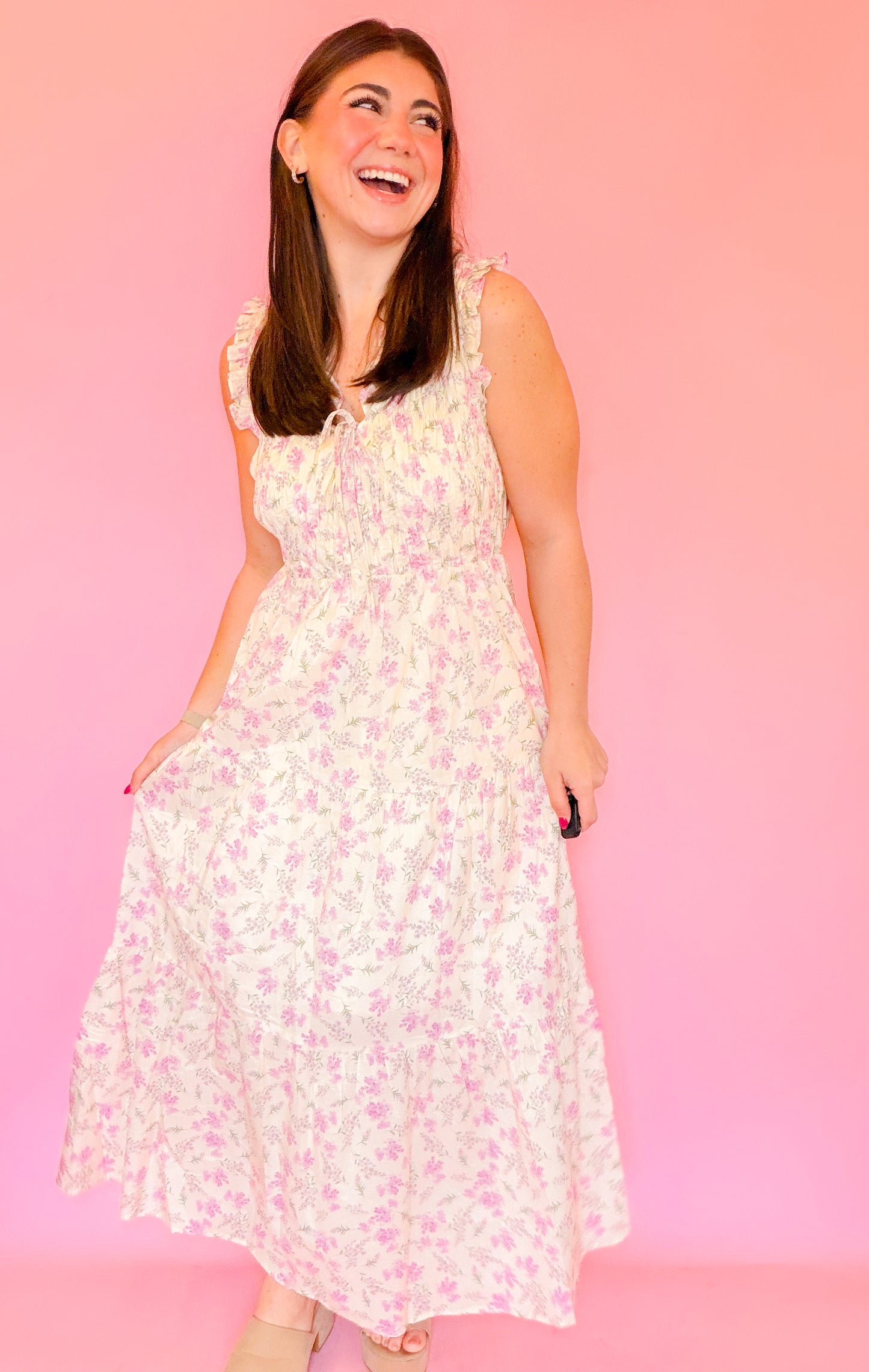 FLORAL SMOCKED MIDI DRESS - LILAC/ECRU