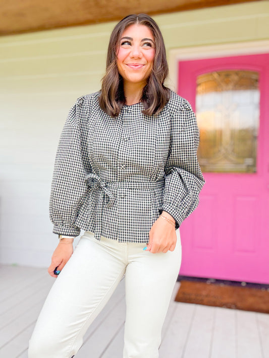 PUFF SLEEVE WRAP TIE PLAID TOP
