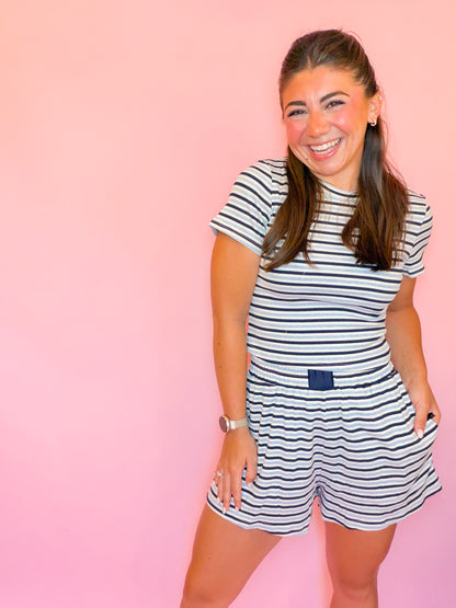 STRIPED RIBBED LOUNGE TOP + SHORTS SET - NAVY/BLUE