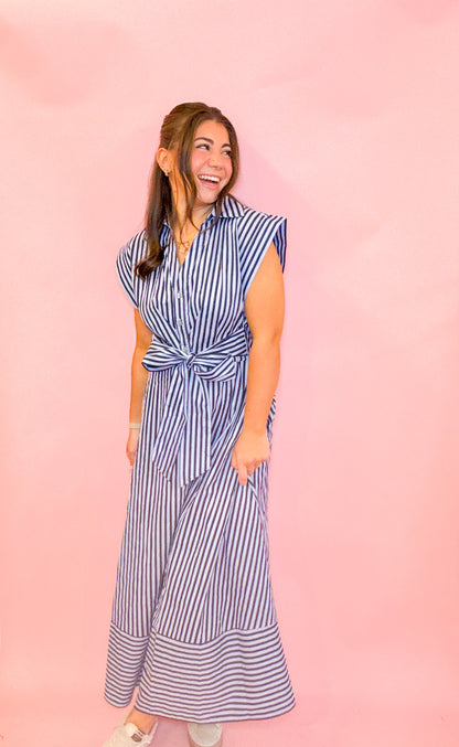 STRIPED WAIST TIE MIDI DRESS