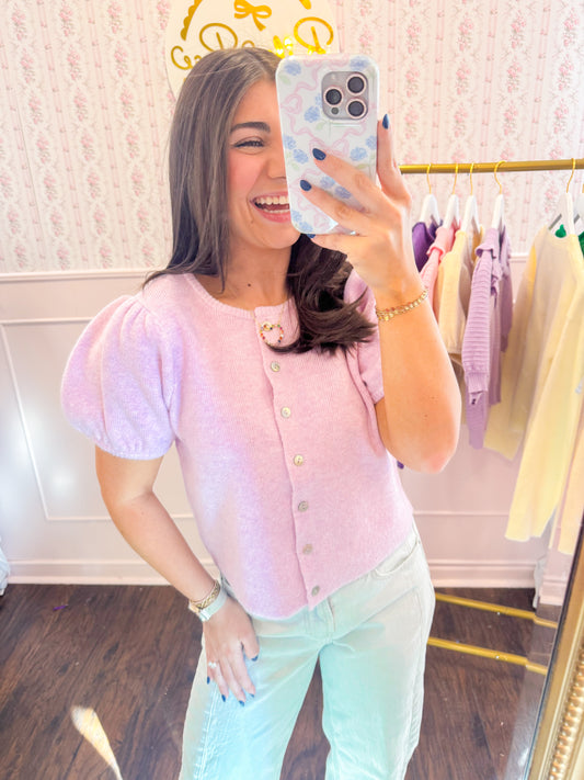PUFF SLEEVE CREW NECK KNIT TOP - PINK
