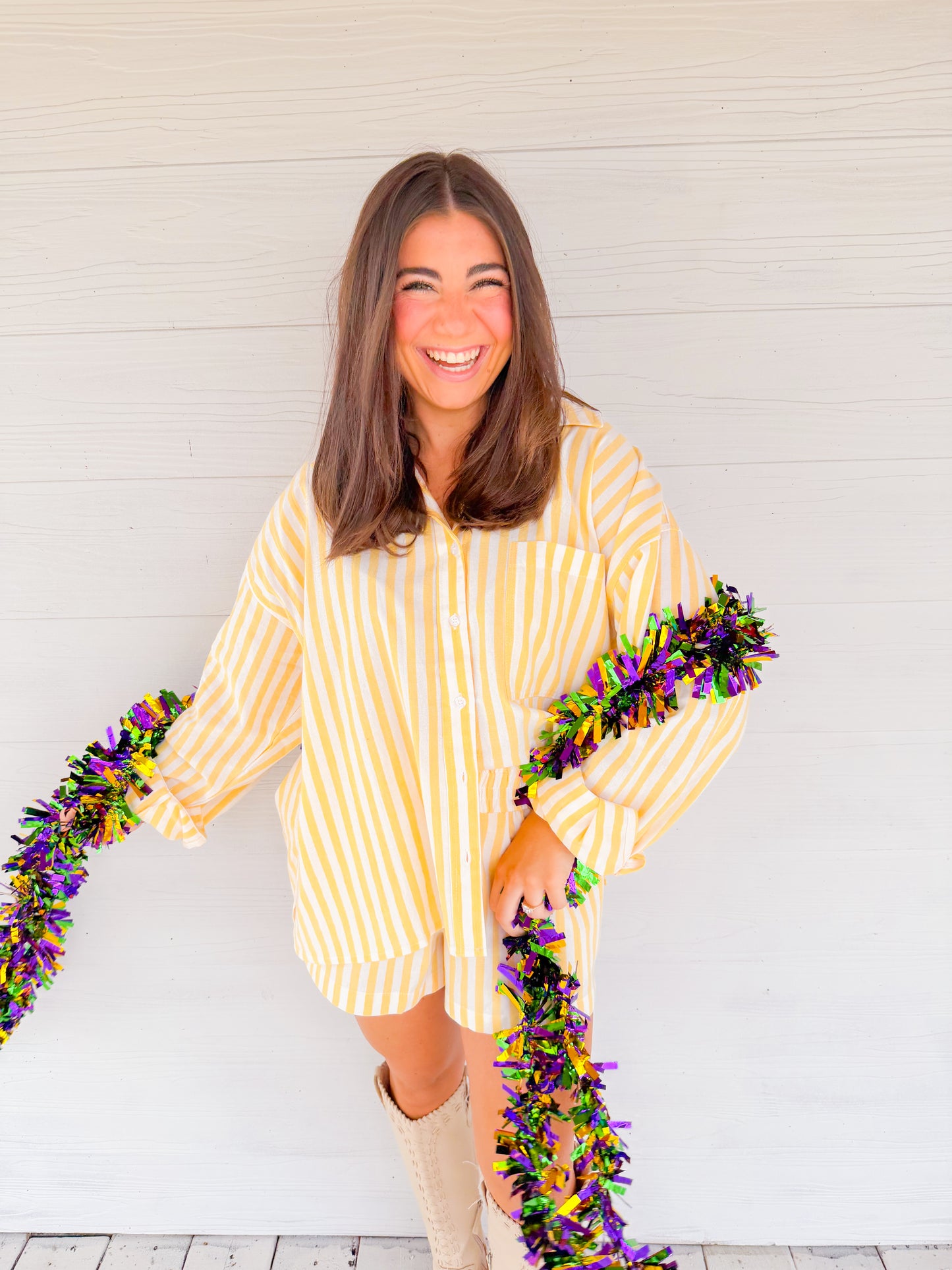 STRIPED OVERSIZED BUTTON-DOWN TOP & SHORTS SET